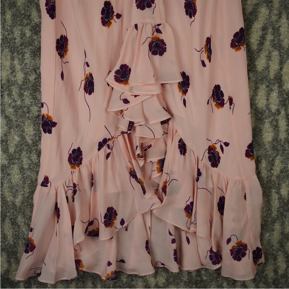 Cinq a Sept Midi Dress Blush Pink Floral Print Ruffle Trim Sz 4 Silk Bow Tie - Picture 8 of 15